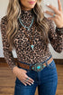 Leopard Print Western High Neck Long Sleeve Slim Top