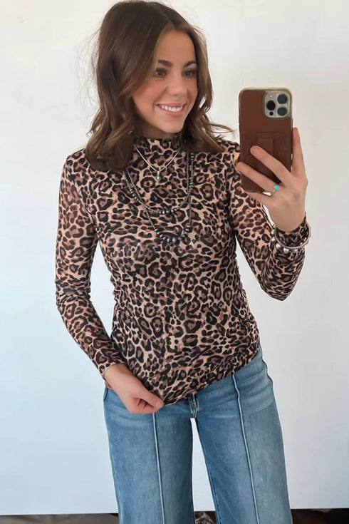 Leopard Print Western High Neck Long Sleeve Slim Top