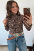 Leopard Print Western High Neck Long Sleeve Slim Top