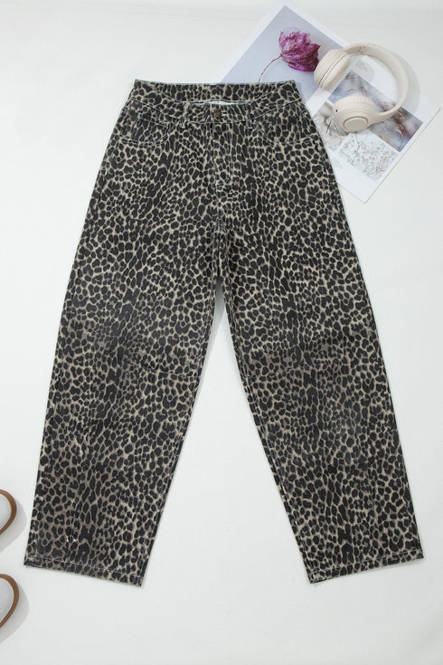 Leopard Print Western High Waist Wide Leg Barrel Jeans