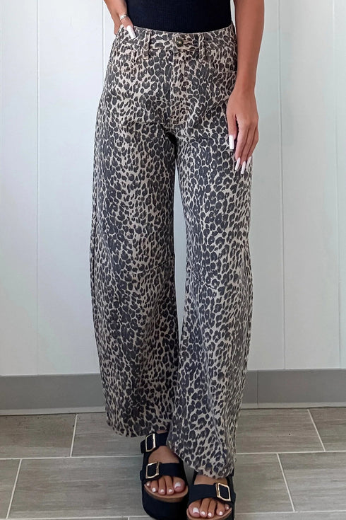 Leopard Print Western High Waist Wide Leg Barrel Jeans