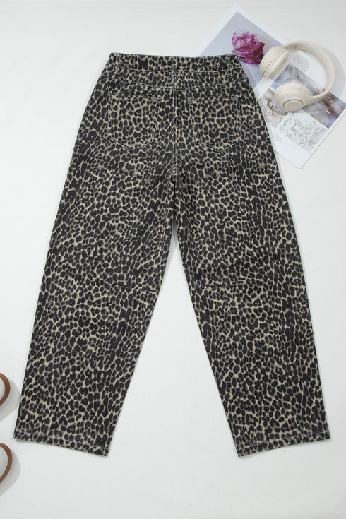 Leopard Print Western High Waist Wide Leg Barrel Jeans