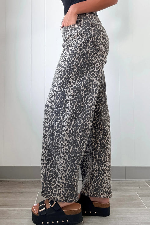 Leopard Print Western High Waist Wide Leg Barrel Jeans