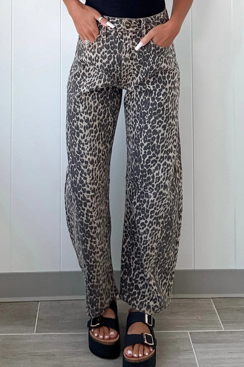 Leopard Print Western High Waist Wide Leg Barrel Jeans