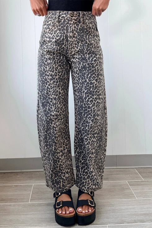 Leopard Print Western High Waist Wide Leg Barrel Jeans