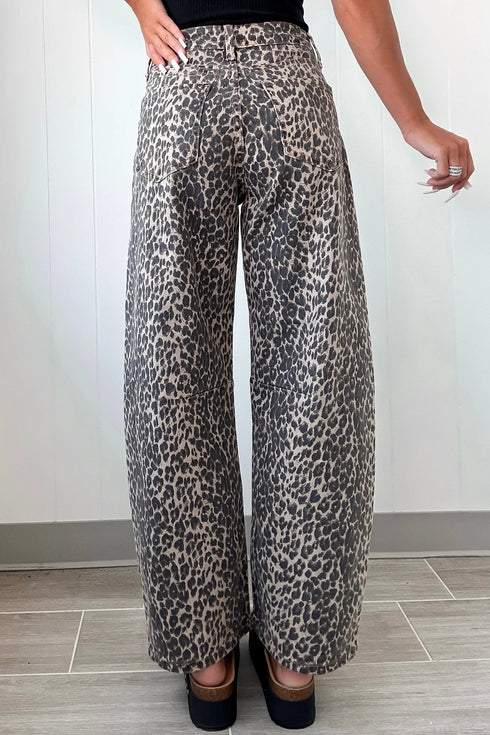 Leopard Print Western High Waist Wide Leg Barrel Jeans