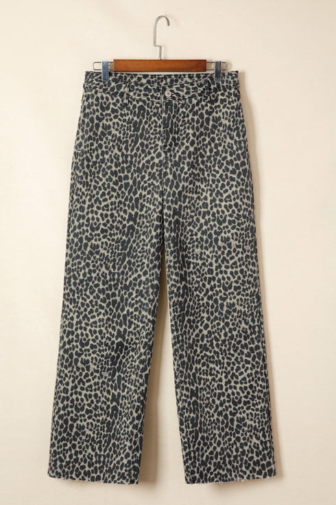 Leopard Print Western High Waist Wide Leg Jeans
