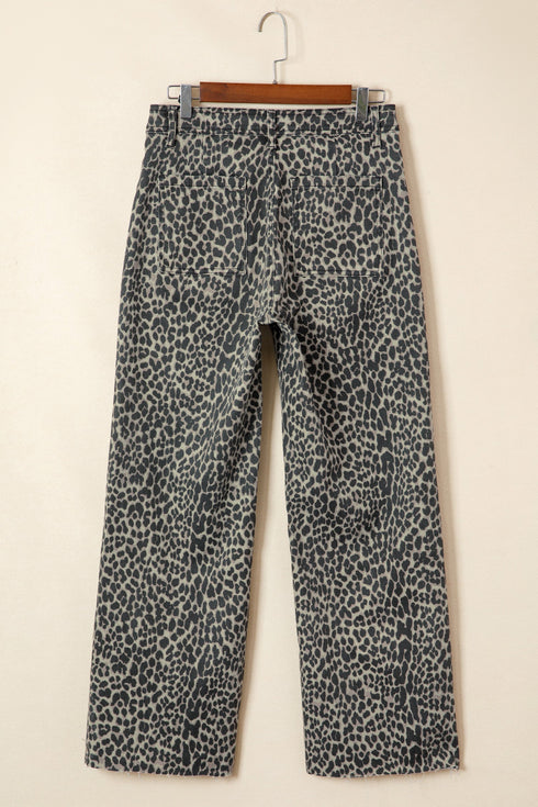 Leopard Print Western High Waist Wide Leg Jeans
