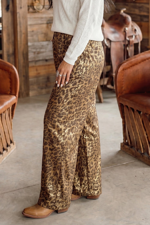 Leopard Print Western Wide Leg Metallic Full Length Pants