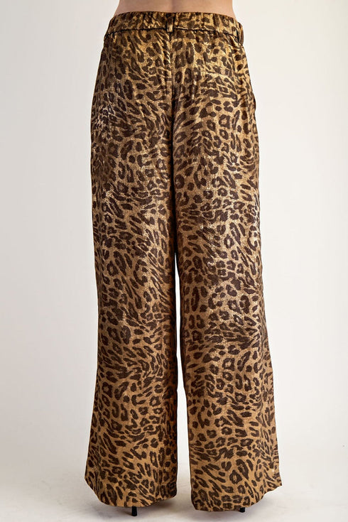Leopard Print Western Wide Leg Metallic Full Length Pants