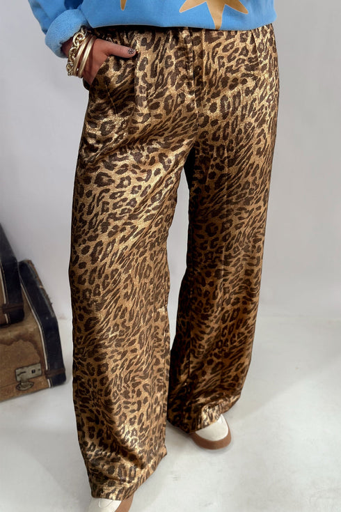 Leopard Print Western Wide Leg Metallic Full Length Pants
