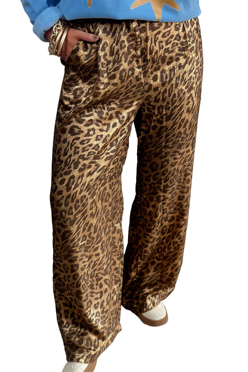 Leopard Print Western Wide Leg Metallic Full Length Pants