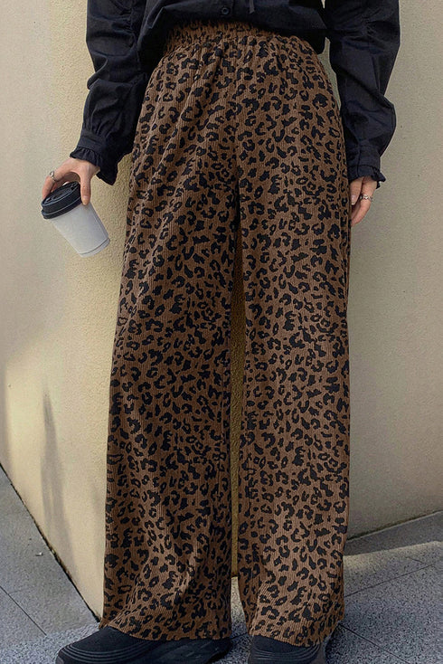 Leopard Print Wide Leg Elastic High Waist Corduroy Pants