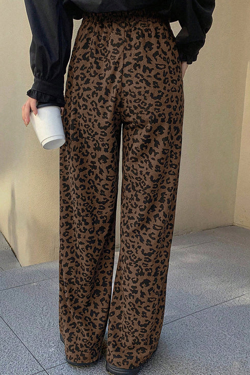 Leopard Print Wide Leg Elastic High Waist Corduroy Pants