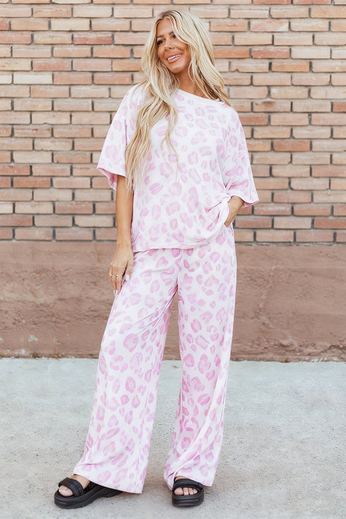 Leopard Print Wide Leg Western Two Piece Pant Sets