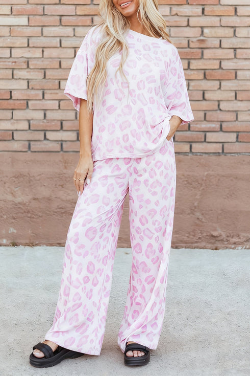 Leopard Print Wide Leg Western Two Piece Pant Sets