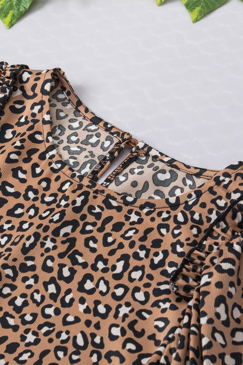 Leopard Print Wide Sleeve V Neck Ruffled Blouse