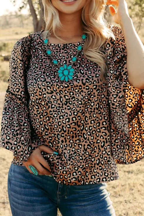 Leopard Print Wide Sleeve V Neck Ruffled Blouse