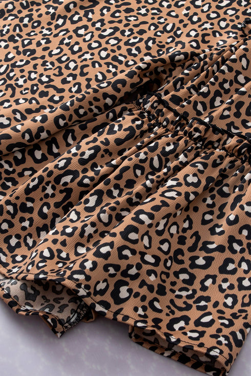 Leopard Print Wide Sleeve V Neck Ruffled Blouse