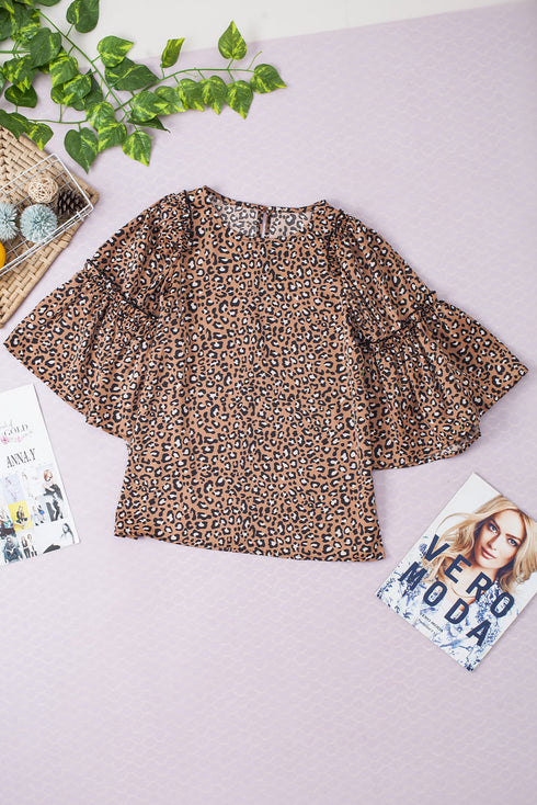 Leopard Print Wide Sleeve V Neck Ruffled Blouse