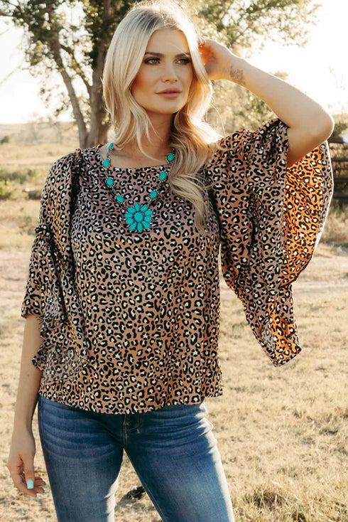 Leopard Print Wide Sleeve V Neck Ruffled Blouse