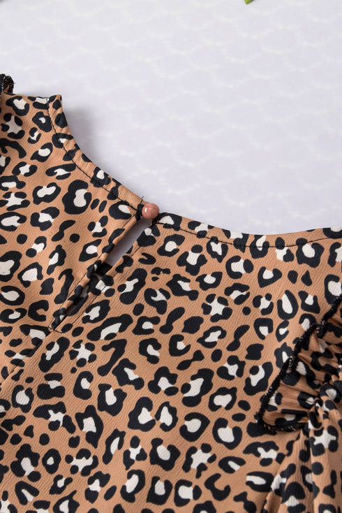 Leopard Print Wide Sleeve V Neck Ruffled Blouse