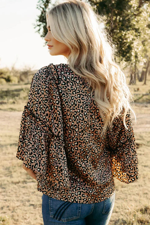 Leopard Print Wide Sleeve V Neck Ruffled Blouse