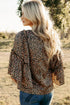 Leopard Print Wide Sleeve V Neck Ruffled Blouse