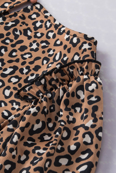 Leopard Print Wide Sleeve V Neck Ruffled Blouse