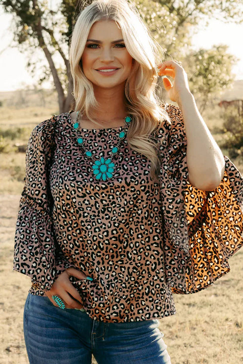 Leopard Print Wide Sleeve V Neck Ruffled Blouse