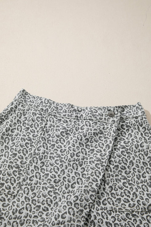 Leopard Print Wrap Front Western Style Denim Shorts