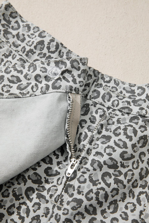 Leopard Print Wrap Front Western Style Denim Shorts