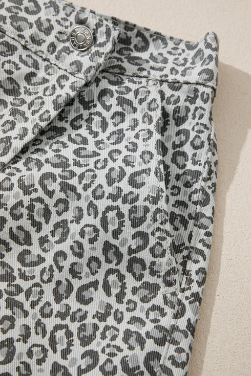 Leopard Print Wrap Front Western Style Denim Shorts
