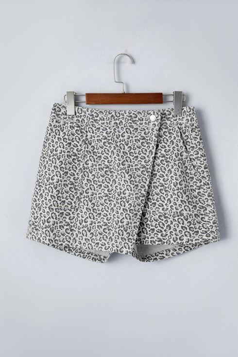 Leopard Print Wrap Front Western Style Denim Shorts