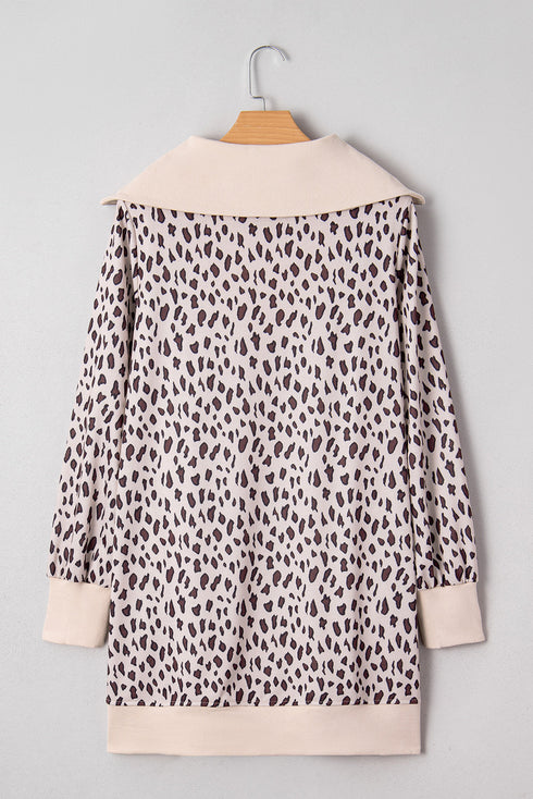 Leopard Print Zip Up Collar Patchwork Shift Mini Dress