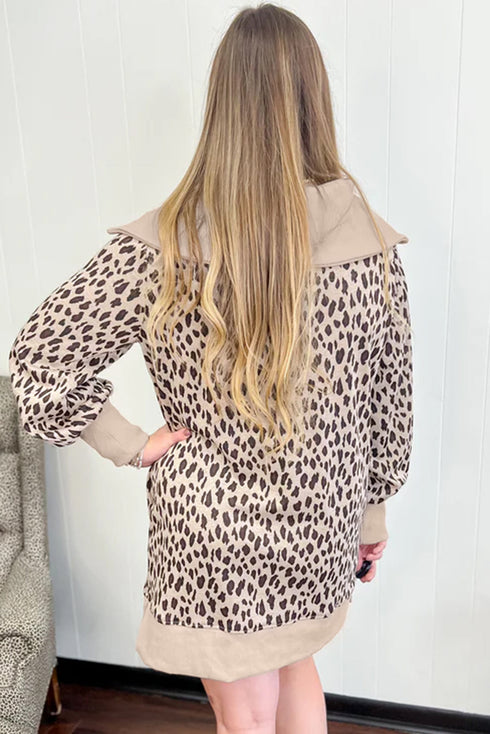 Leopard Print Zip Up Collar Patchwork Shift Mini Dress