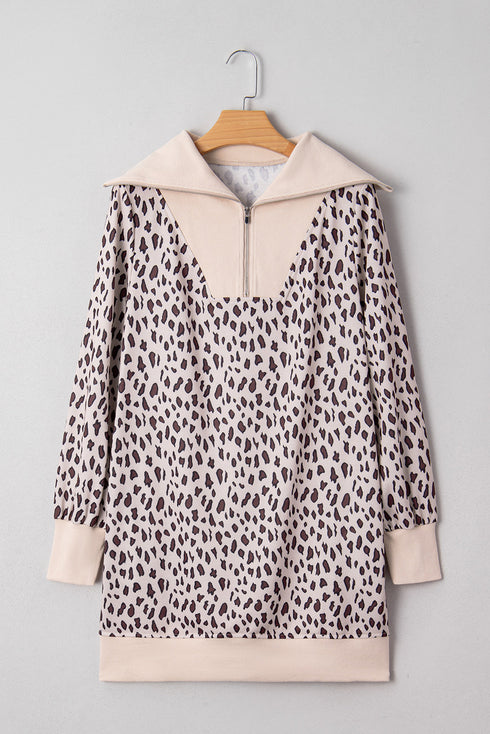 Leopard Print Zip Up Collar Patchwork Shift Mini Dress