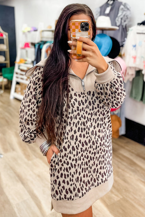 Leopard Print Zip Up Collar Patchwork Shift Mini Dress