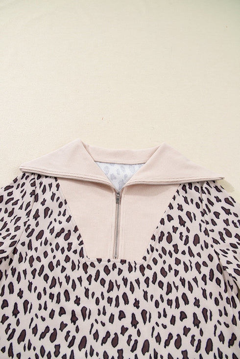 Leopard Print Zip Up Collar Patchwork Shift Mini Dress