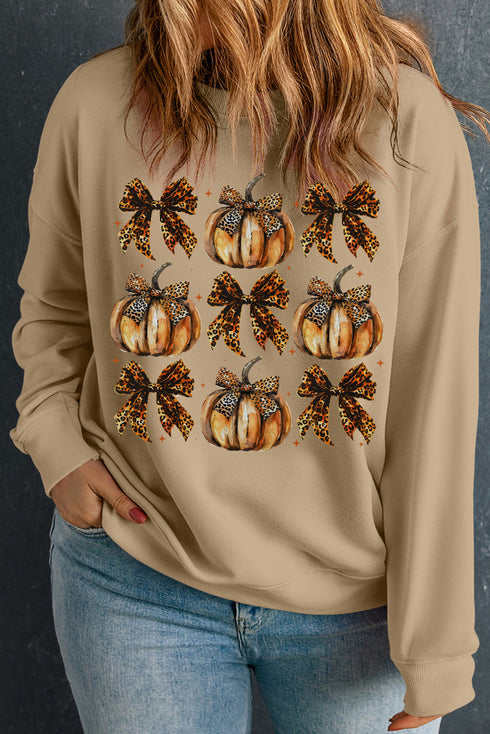 Leopard Pumpkin Bow Knot Print Graphic Sweatshirt