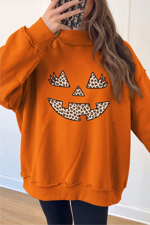 Leopard Pumpkin Face Print Exposed Seam Mock Neck Sweatshirt