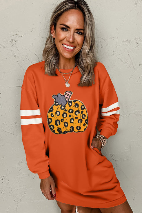 Leopard Pumpkin Graphic Varsity Stripe Long Sleeve Tunic Dress
