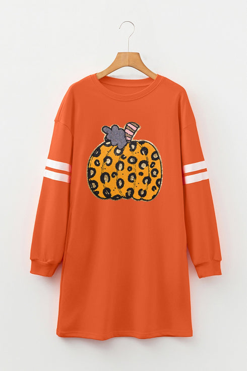 Leopard Pumpkin Graphic Varsity Stripe Long Sleeve Tunic Dress