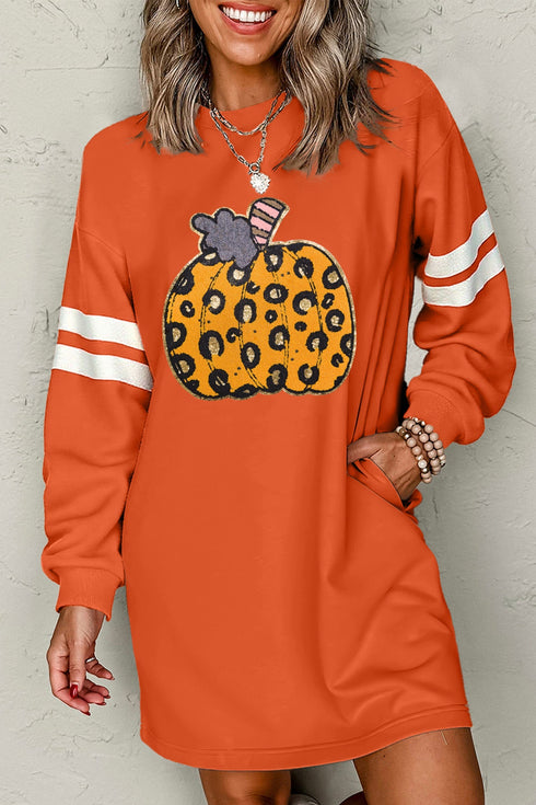 Leopard Pumpkin Graphic Varsity Stripe Long Sleeve Tunic Dress