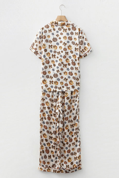Leopard Pumpkin Print Satin Long Sleeve Pajama Set
