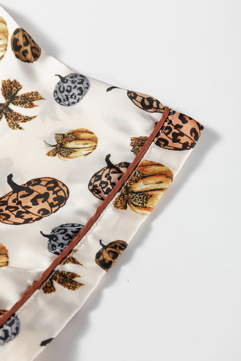 Leopard Pumpkin Print Satin Long Sleeve Pajama Set