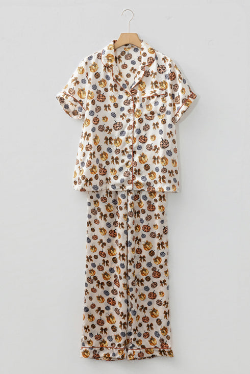 Leopard Pumpkin Print Satin Long Sleeve Pajama Set
