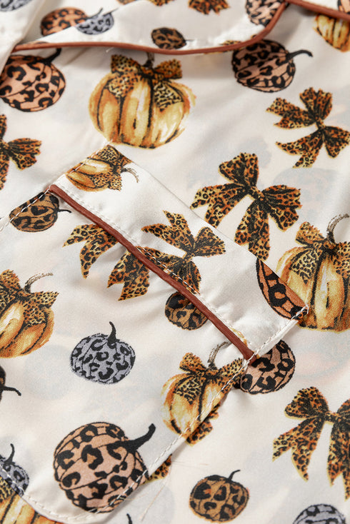 Leopard Pumpkin Print Satin Long Sleeve Pajama Set