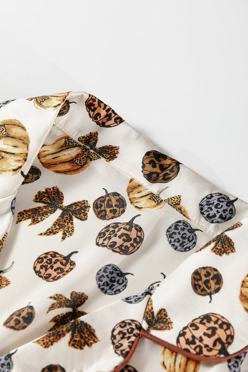 Leopard Pumpkin Print Satin Long Sleeve Pajama Set