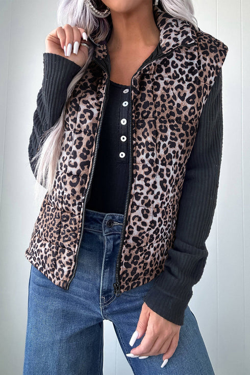 Leopard Quilted Full Zip Stand Collar Puffer Vest